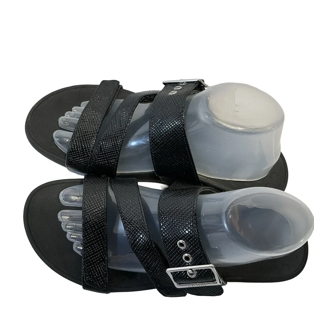 Vionic‎ Sandals Womens Size 11 Black Rio Lizard Skin Slide Buckle Casual Wedge